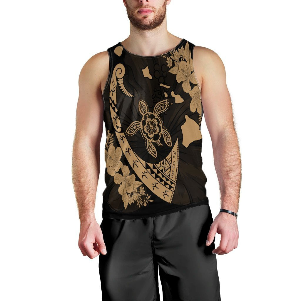 Hawaiian Map Hibiscus Turtle Fish Hook Polynesian Tank Top Gold - AH Black - Polynesian Pride