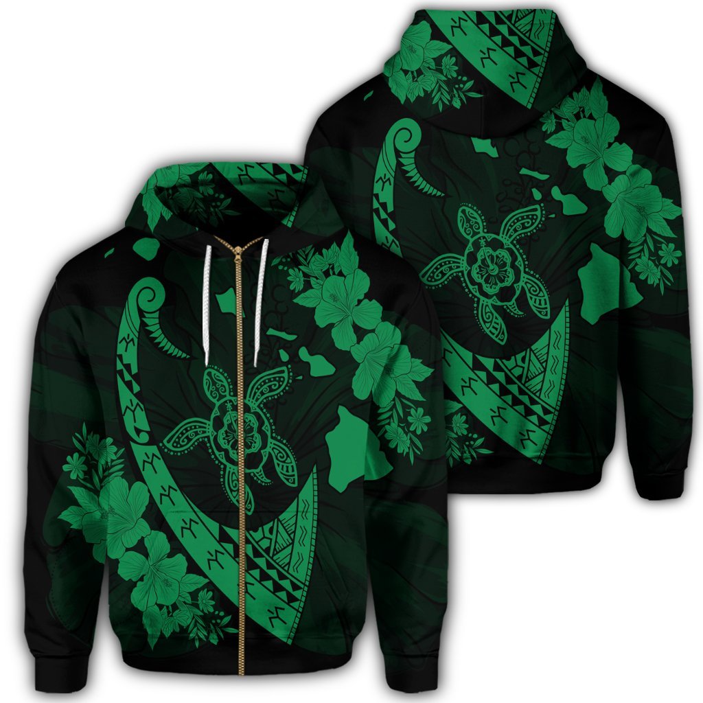 Hawaiian Map Hibiscus Turtle Fish Hook Polynesian Zip Hoodie Green Unisex Art - Polynesian Pride