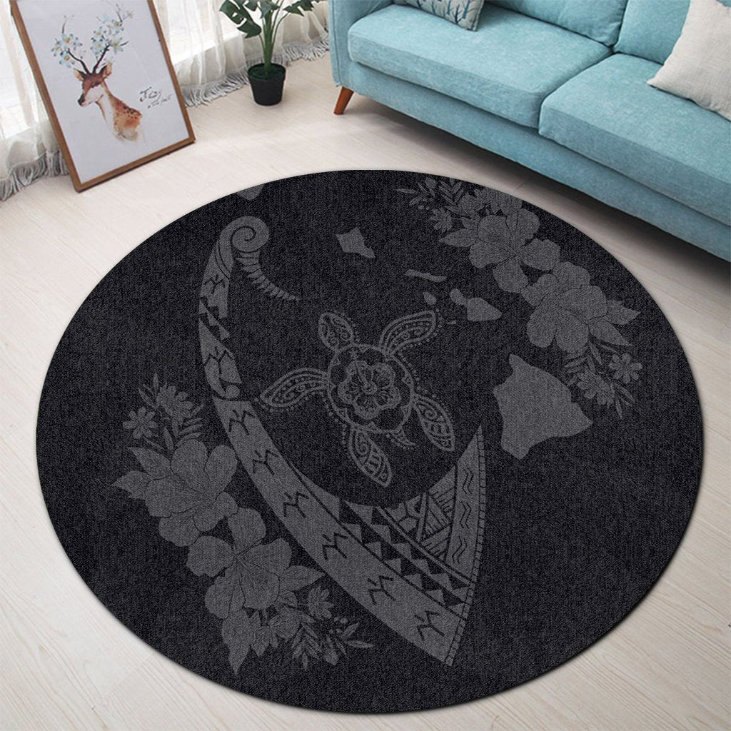 Hawaiian Map Hibiscus Turtle Fish Hook Polynesian Round Carpet Grey - AH - Polynesian Pride