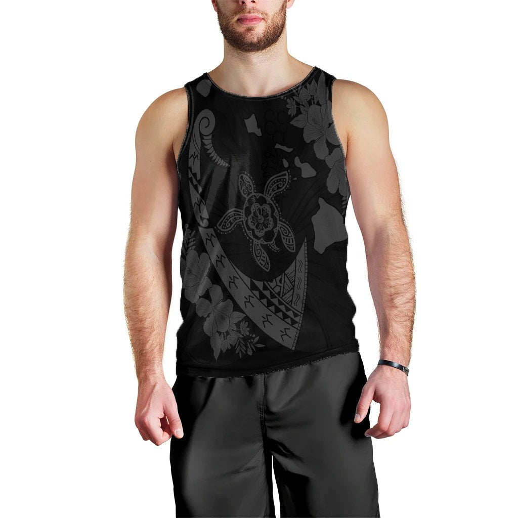 Hawaiian Map Hibiscus Turtle Fish Hook Polynesian Tank Top Grey - AH Black - Polynesian Pride