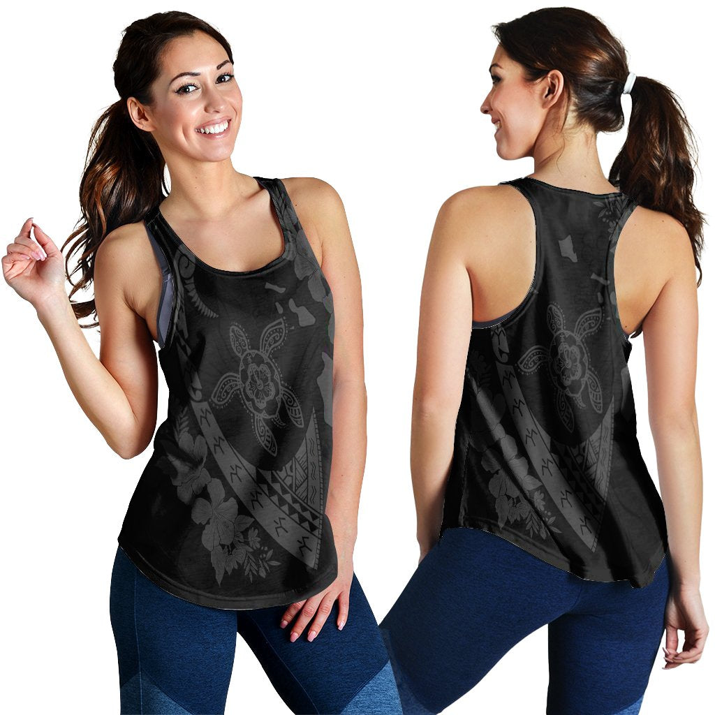 Hawaiian Map Hibiscus Turtle Fish Hook Polynesian Racerback Tank Grey - AH Black - Polynesian Pride