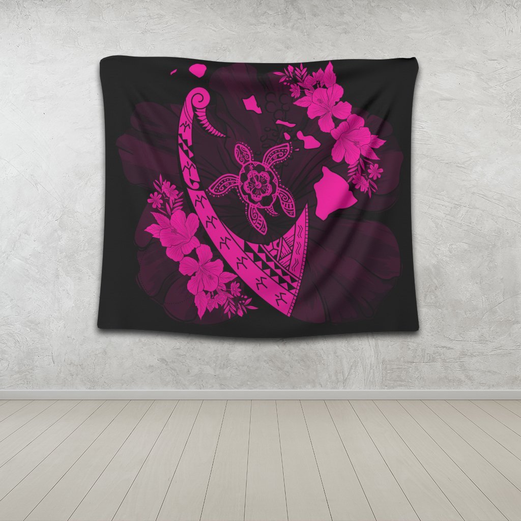 Hawaiian Map Hibiscus Turtle Fish Hook Polynesian Tapestry Pink - AH - Polynesian Pride