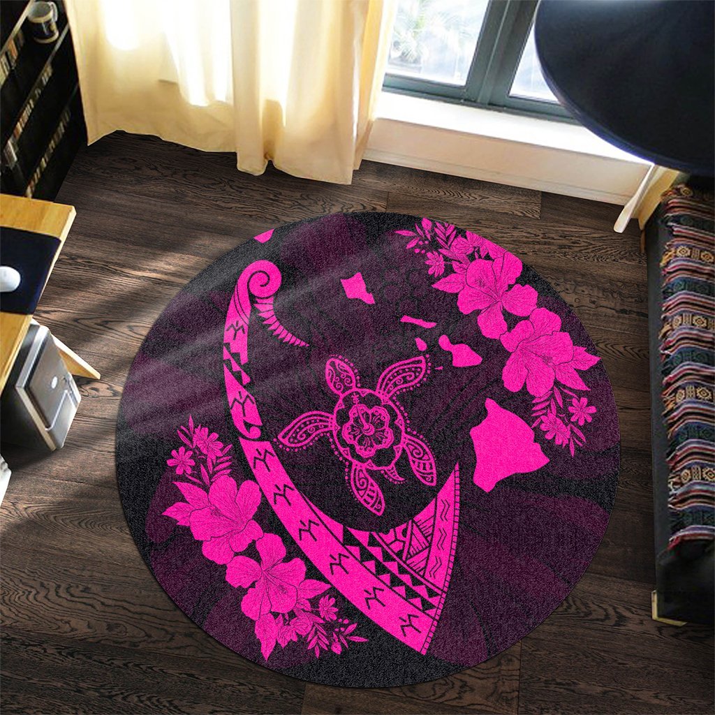 Hawaiian Map Hibiscus Turtle Fish Hook Polynesian Round Carpet Pink - AH - Polynesian Pride