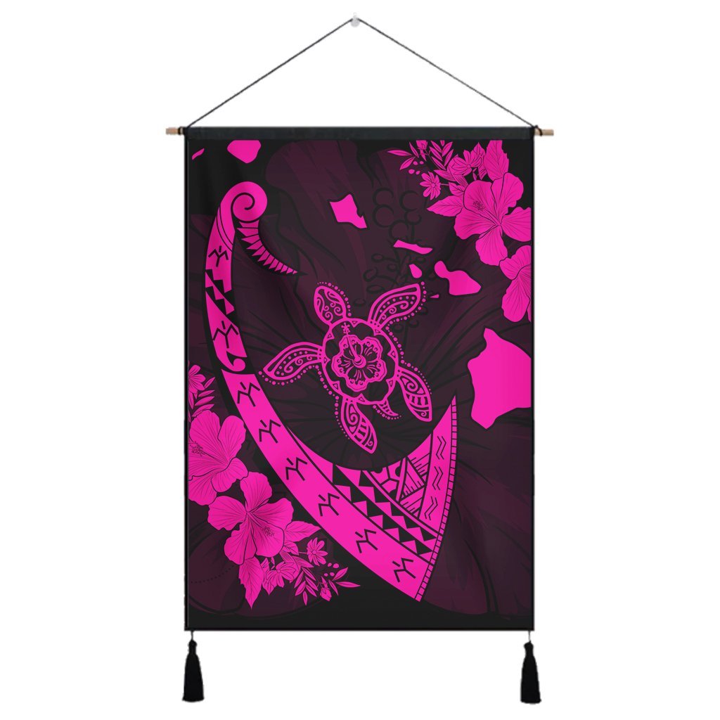 Hawaiian Map Hibiscus Turtle Fish Hook Polynesian Hanging Poster Pink - AH Hanging Poster Cotton And Linen - Polynesian Pride