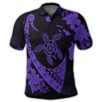 Hawaiian Map Hibiscus Turtle Fish Hook Polynesian Polo Shirt Purple - Polynesian Pride