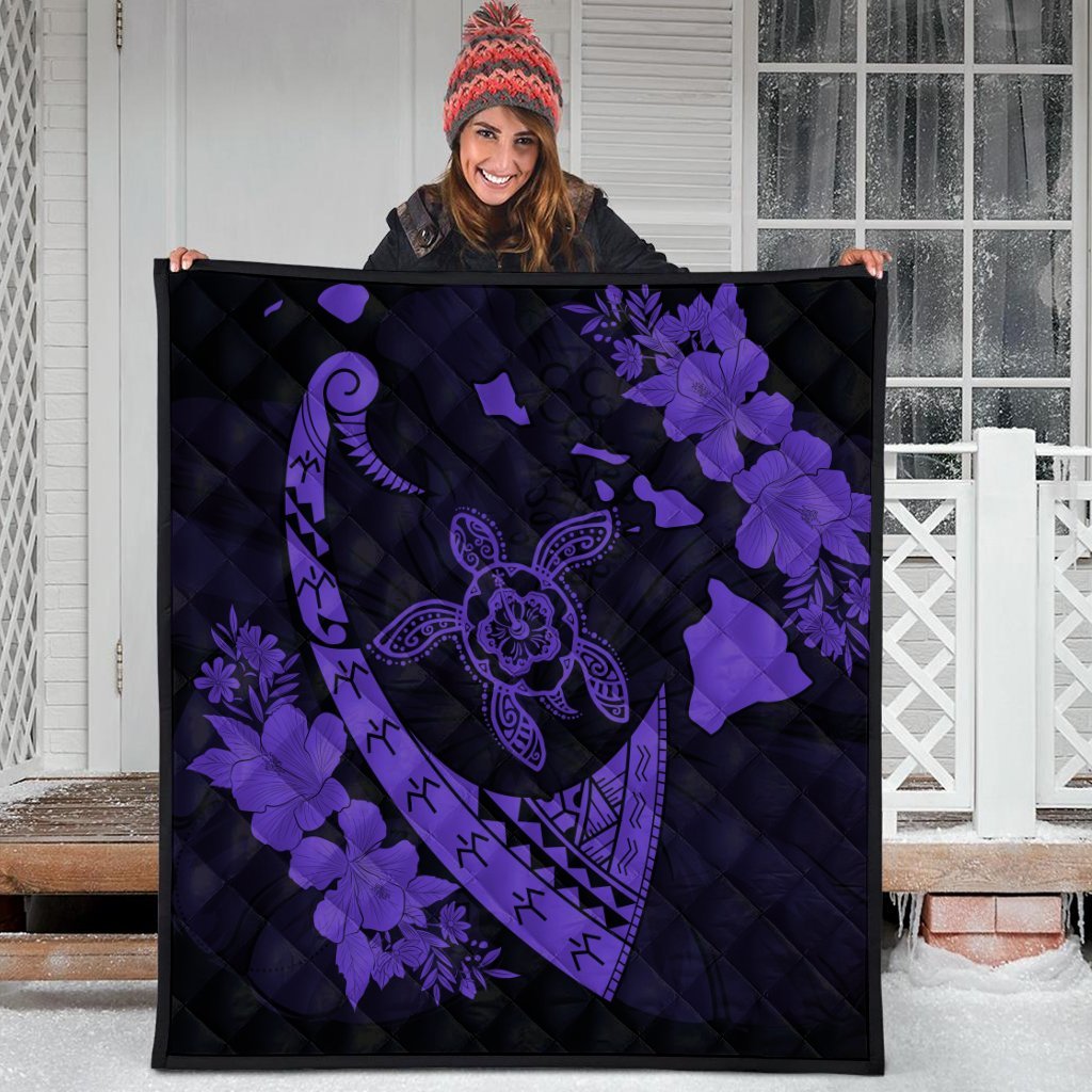 Hawaiian Map Hibiscus Turtle Fish Hook Polynesian Premium Quilts Purple - AH - Polynesian Pride