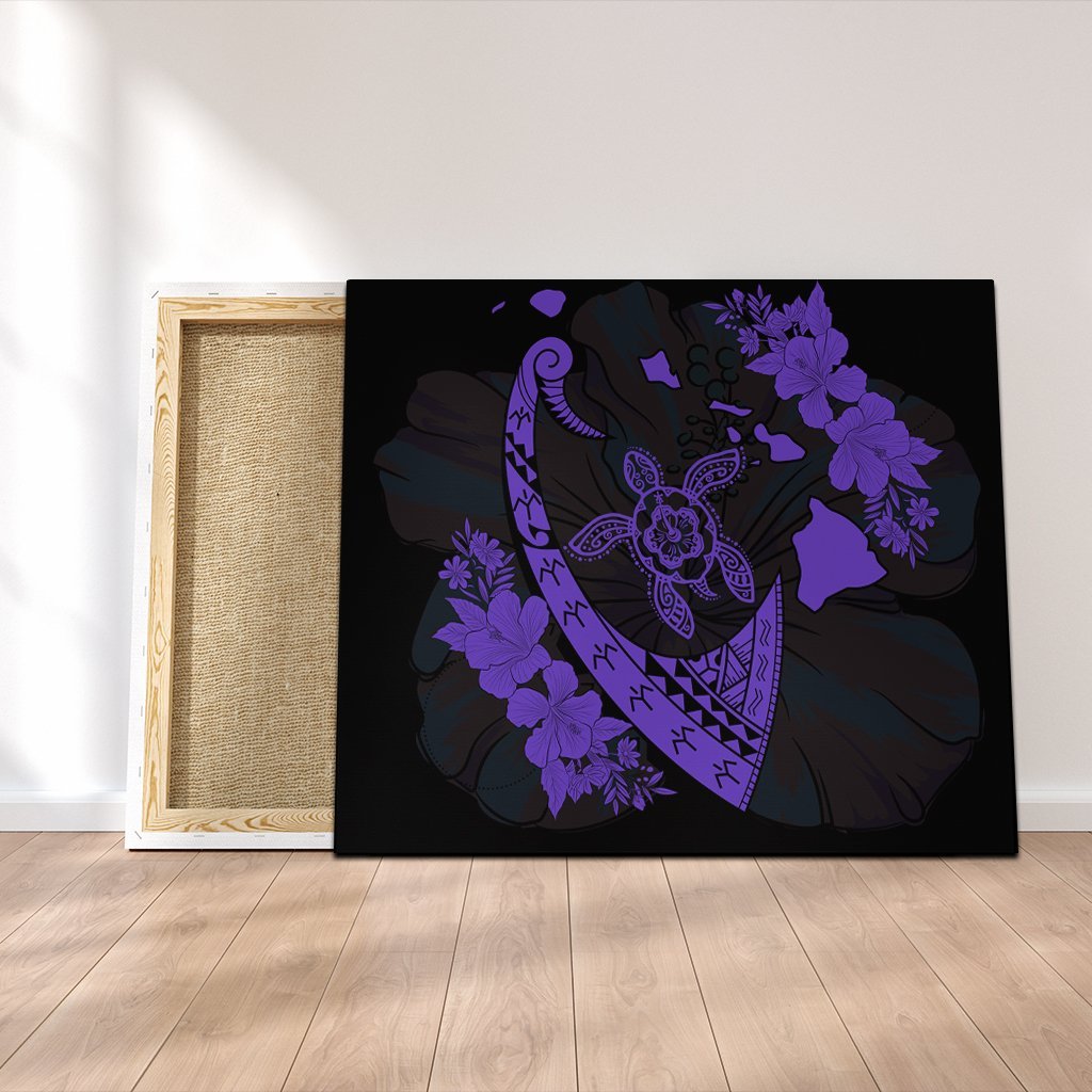 Hawaiian Map Hibiscus Turtle Fish Hook Polynesian Canvas Purple - AH Canvas Poly-cotton - Polynesian Pride