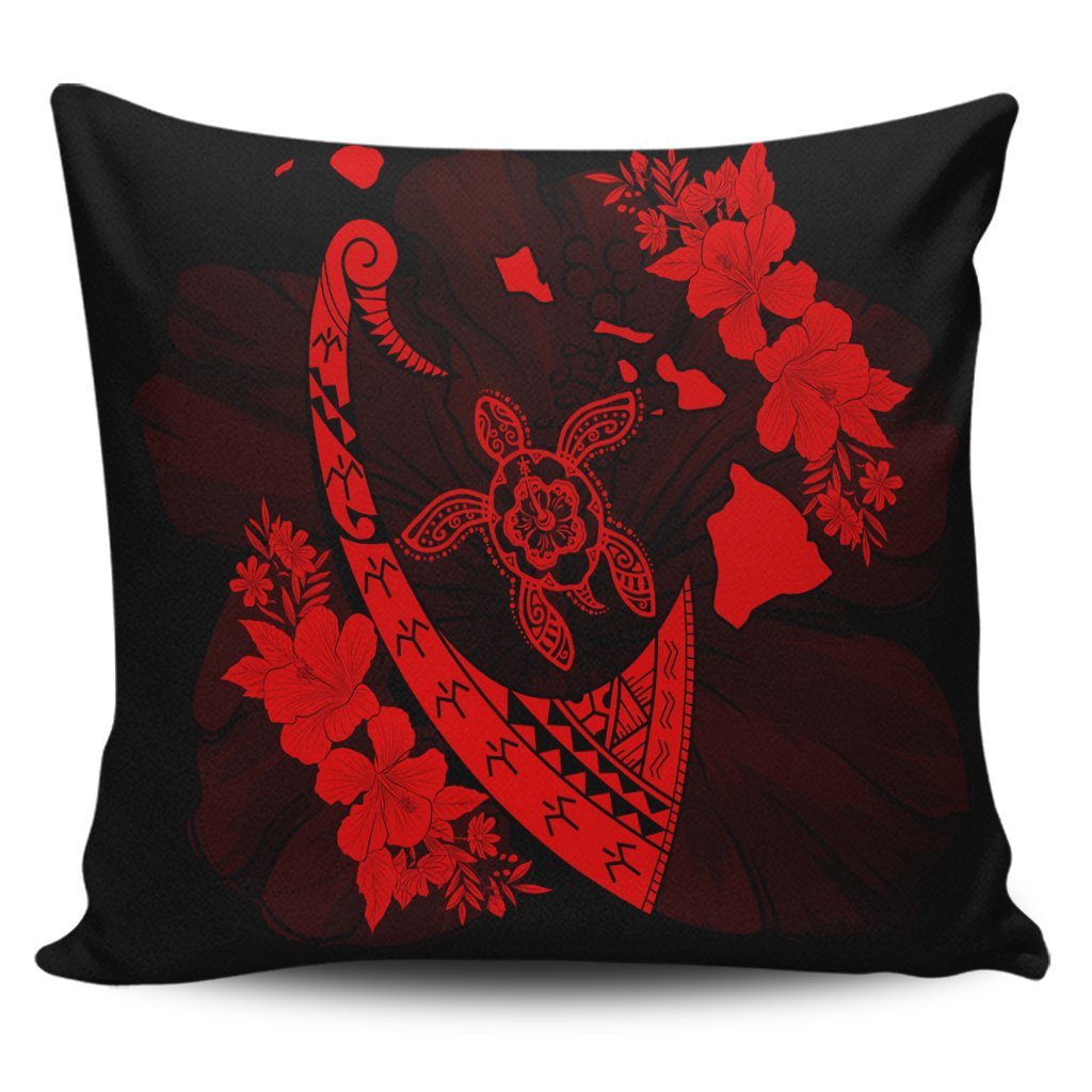 Hawaiian Map Hibiscus Turtle Fish Hook Polynesian Pillow Covers Red - AH Pillow Covers Black - Polynesian Pride