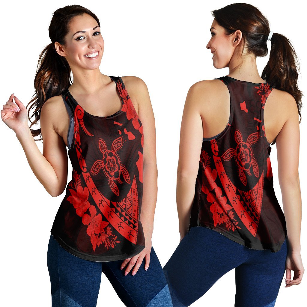 Hawaiian Map Hibiscus Turtle Fish Hook Polynesian Racerback Tank Red - AH Black - Polynesian Pride