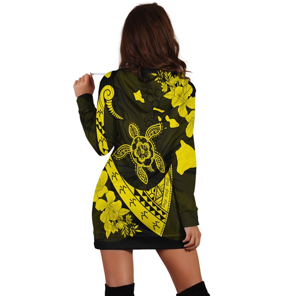 Hawaiian Map Hibiscus Turtle Fish Hook Polynesian Hoodie Dress Yellow - AH - Polynesian Pride
