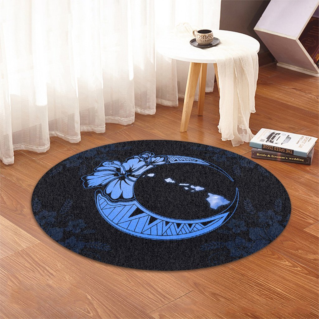 Hawaiian Map Hibiscus Turtle Polynesian Moon Round Carpet Blue - AH - Polynesian Pride