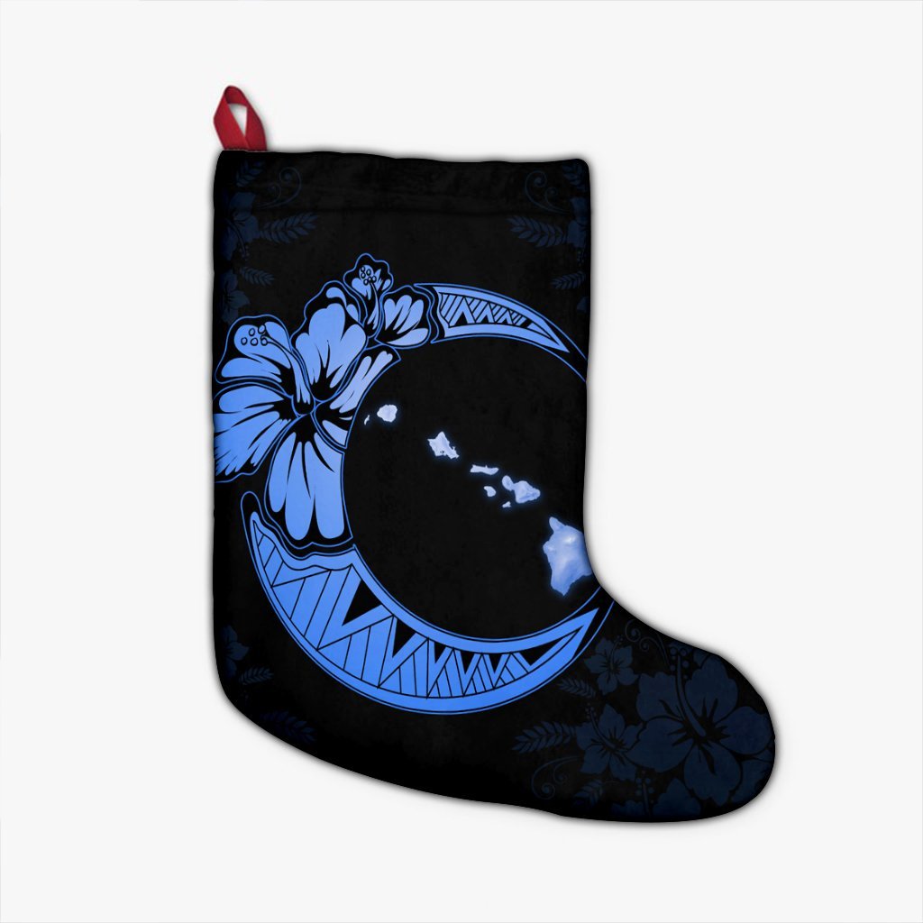 Hawaiian Map Hibiscus Turtle Polynesian Moon Christmas Stocking Blue - AH Christmas Stocking 26 X 42 cm Black - Polynesian Pride