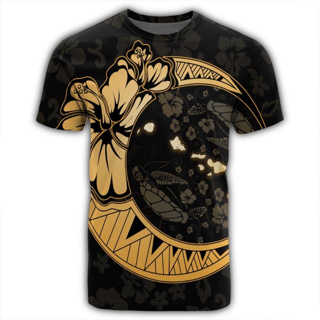 Hawaiian Map Hibiscus Turtle Polynesian Moon T Shirt Gold - Polynesian Pride