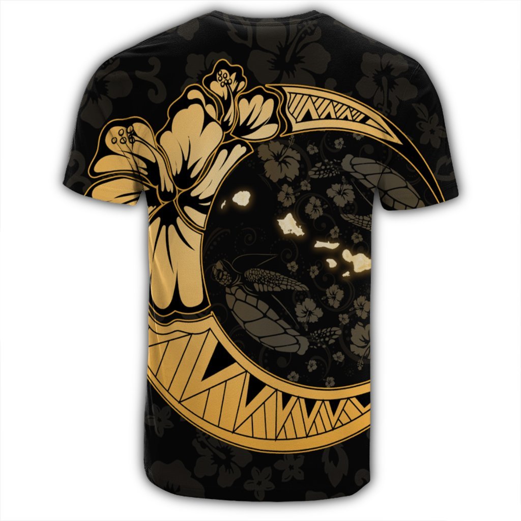 Hawaiian Map Hibiscus Turtle Polynesian Moon T Shirt Gold - Polynesian Pride