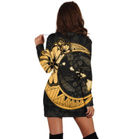 Hawaiian Map Hibiscus Turtle Polynesian Moon Hoodie Dress Gold - AH - Polynesian Pride