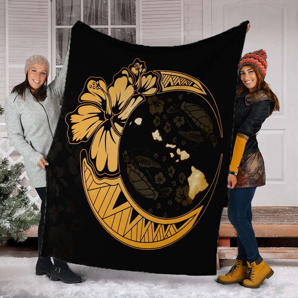 Hawaiian Map Hibiscus Turtle Polynesian Moon Premium Blankets Gold - AH - Polynesian Pride