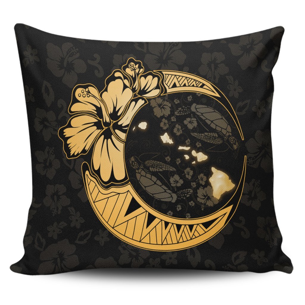 Hawaiian Map Hibiscus Turtle Polynesian Moon Pillow Covers Gold - AH Pillow Covers Black - Polynesian Pride