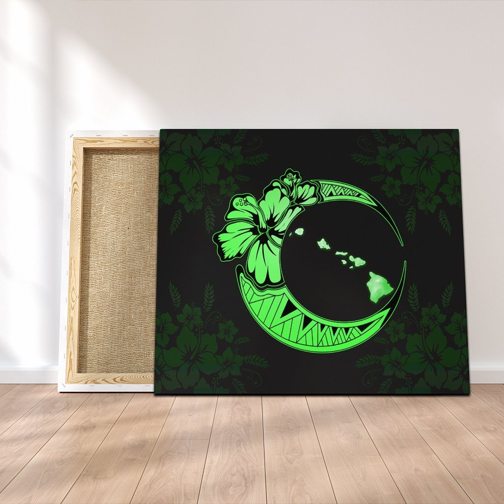Hawaiian Map Hibiscus Turtle Polynesian Moon Canvas Green - AH Canvas Poly-cotton - Polynesian Pride