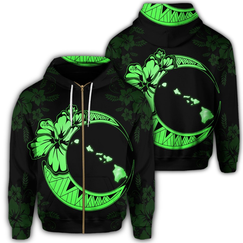 Hawaiian Map Hibiscus Turtle Polynesian Moon Zip Hoodie Green Unisex Art - Polynesian Pride