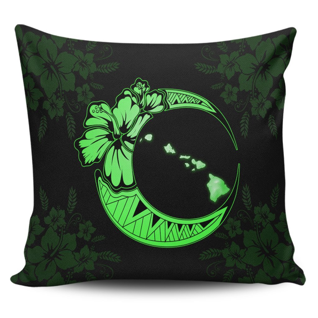 Hawaiian Map Hibiscus Turtle Polynesian Moon Pillow Covers Green - AH Pillow Covers Black - Polynesian Pride