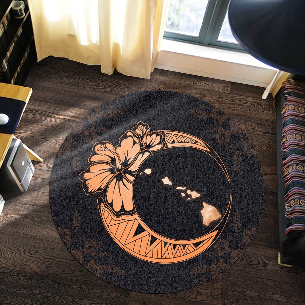 Hawaiian Map Hibiscus Turtle Polynesian Moon Round Carpet Orange - AH - Polynesian Pride