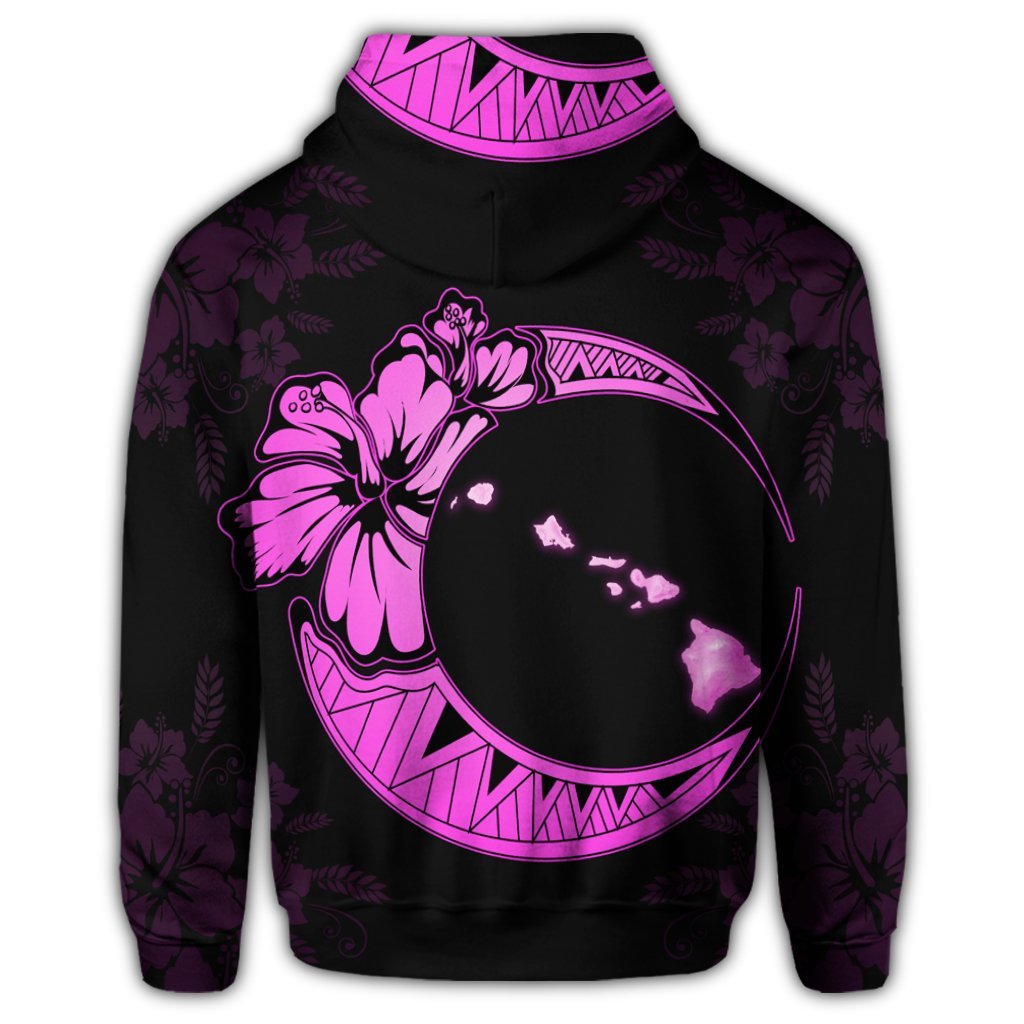 Hawaiian Map Hibiscus Turtle Polynesian Moon Zip Hoodie Pink - Polynesian Pride