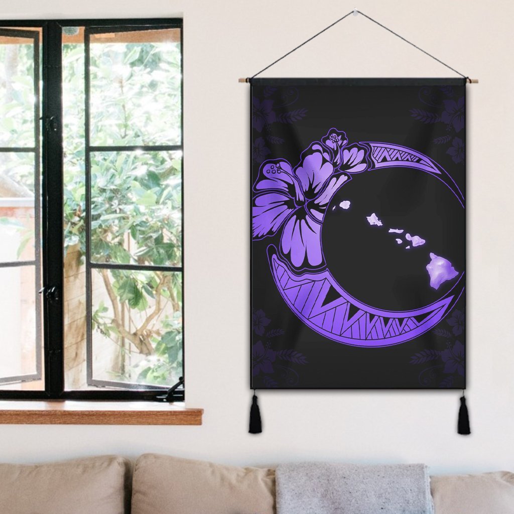 Hawaiian Map Hibiscus Turtle Polynesian Moon Hanging Poster Purple - AH - Polynesian Pride