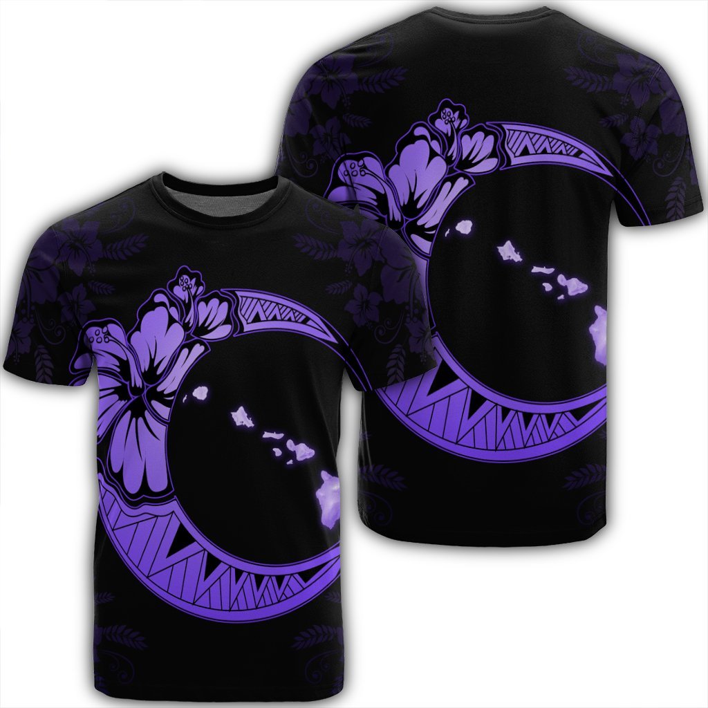 Hawaiian Map Hibiscus Turtle Polynesian Moon T Shirt Purple Unisex Black - Polynesian Pride