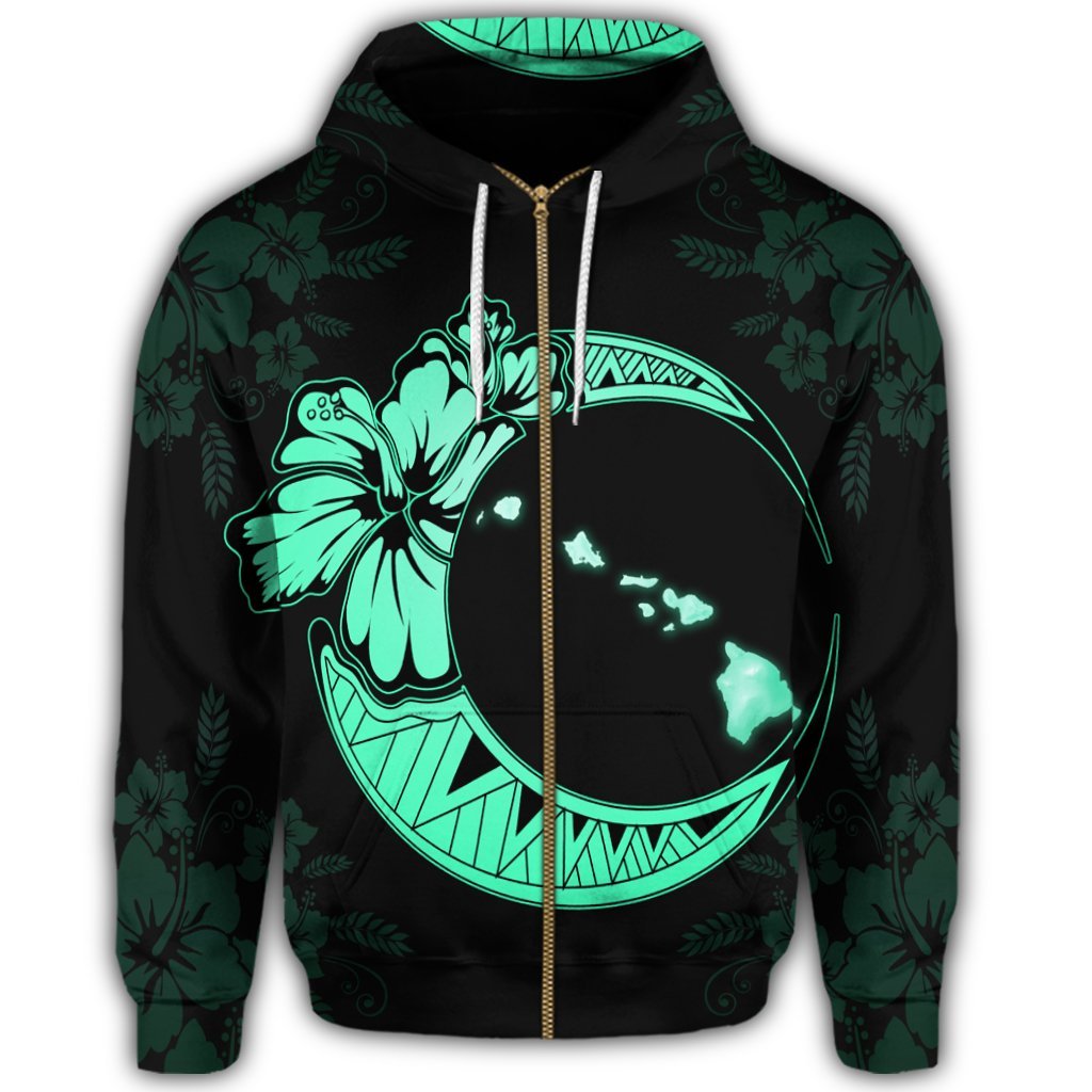 Hawaiian Map Hibiscus Turtle Polynesian Moon Zip Hoodie Turquoise - Polynesian Pride