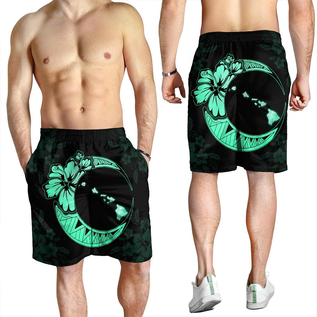 Hawaiian Map Hibiscus Turtle Polynesian Moon Men's Shorts Turquoise - AH - Polynesian Pride