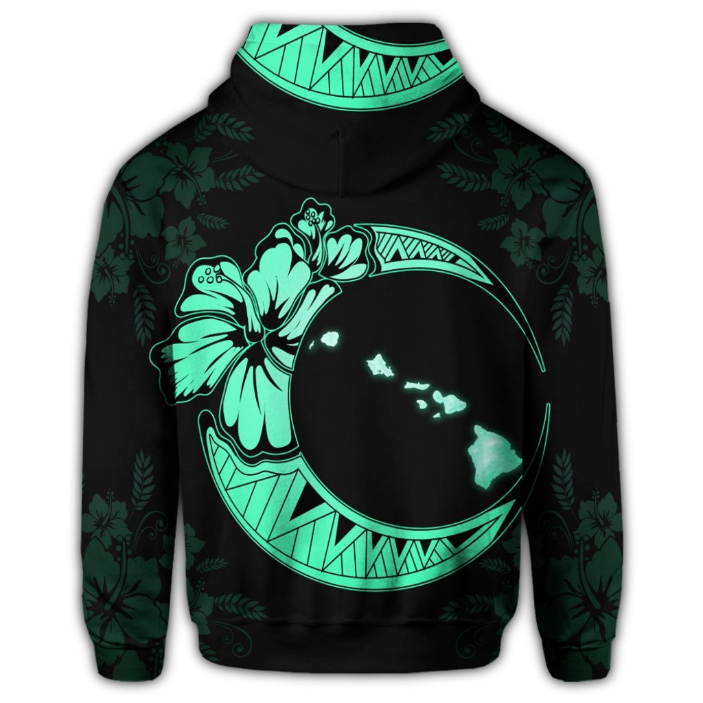 Hawaiian Map Hibiscus Turtle Polynesian Moon Zip Hoodie Turquoise - Polynesian Pride