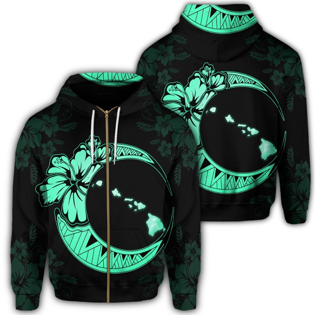 Hawaiian Map Hibiscus Turtle Polynesian Moon Zip Hoodie Turquoise Unisex Art - Polynesian Pride