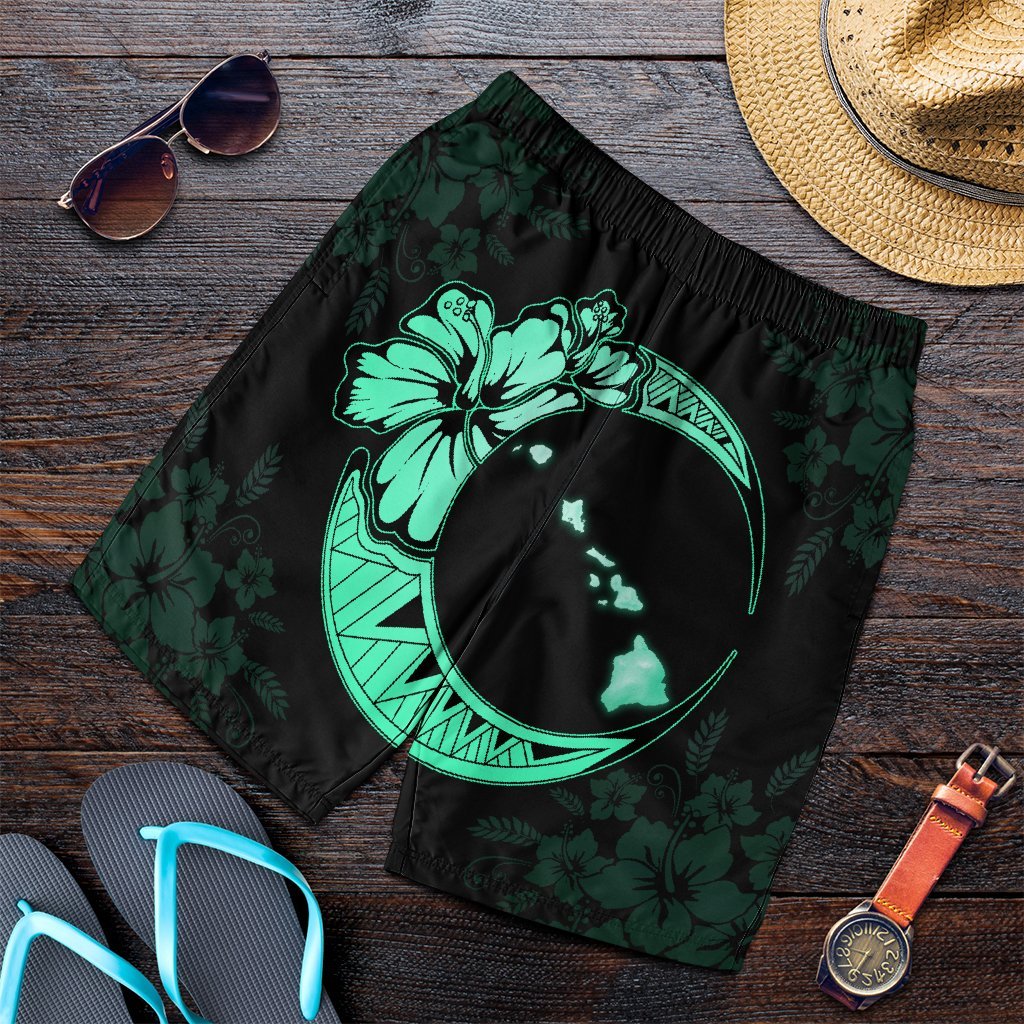 Hawaiian Map Hibiscus Turtle Polynesian Moon Men's Shorts Turquoise - AH Art - Polynesian Pride