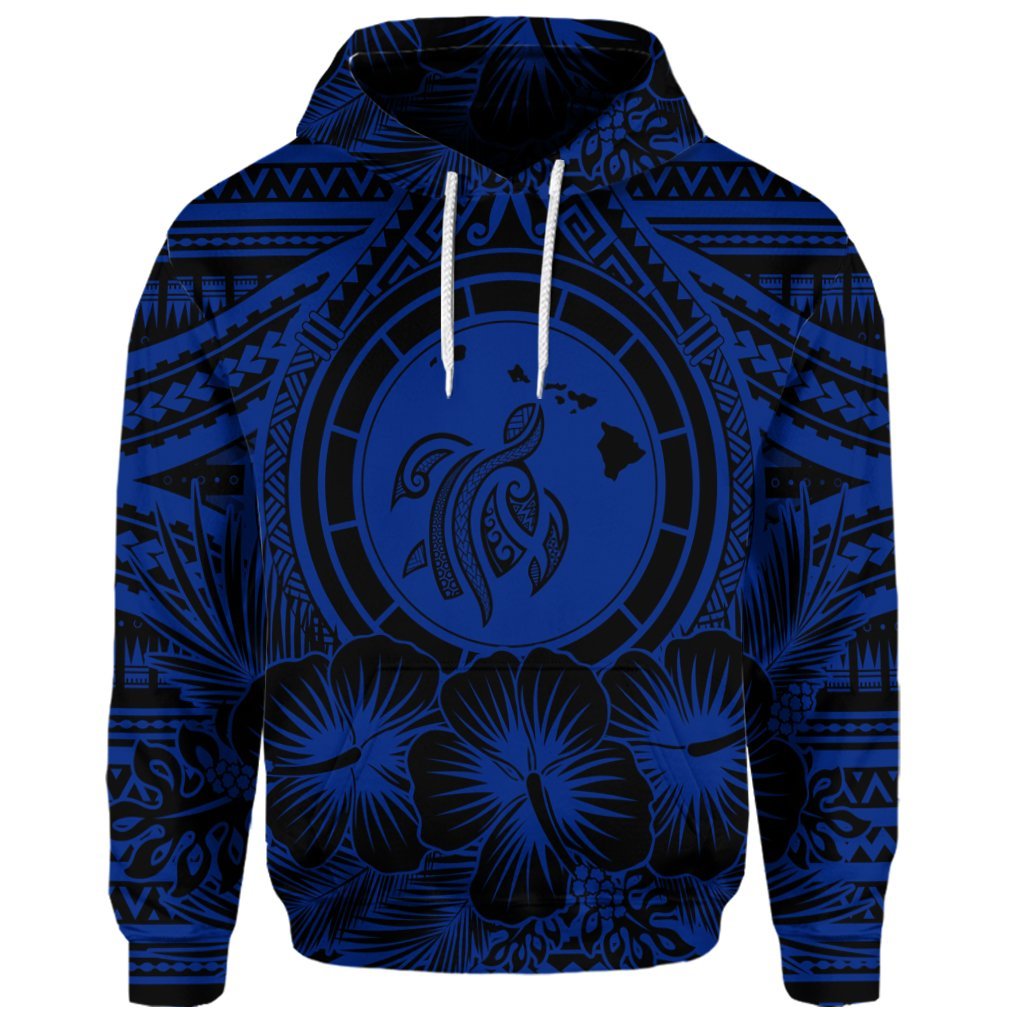 Custom Hawaiian Map Honu Hibiscus Tropic Blue Polynesian Hoodie - Polynesian Pride