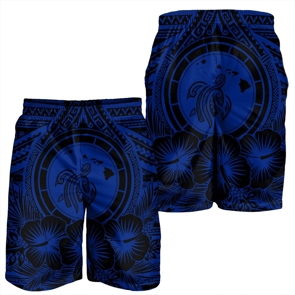 Hawaiian Map Honu Hibiscus Tropic Blue Polynesian Men's Shorts - AH - Polynesian Pride