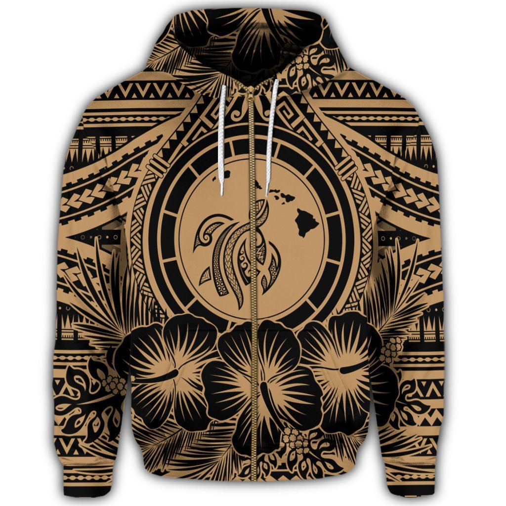 Hawaiian Map Honu Hibiscus Tropic Gold Polynesian Zip Hoodie - Polynesian Pride