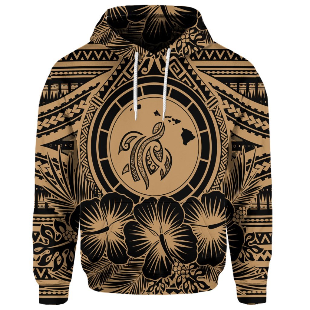 Custom Hawaiian Map Honu Hibiscus Tropic Gold Polynesian Hoodie - Polynesian Pride
