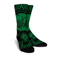 Hawaiian Map Honu Hibiscus Tropic Green Polynesian Crew Socks - AH - Polynesian Pride