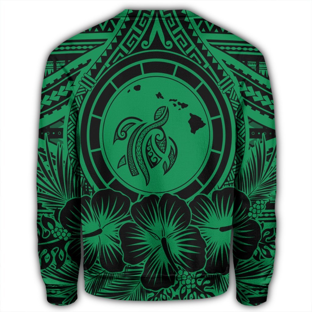 Hawaiian Map Honu Hibiscus Tropic Green Polynesian Sweatshirt - AH - Polynesian Pride