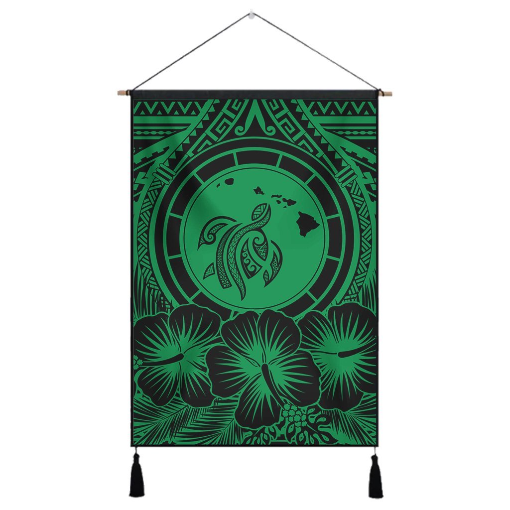Hawaiian Map Honu Hibiscus Tropic Green Polynesian Hanging Poster - AH Hanging Poster Cotton And Linen - Polynesian Pride