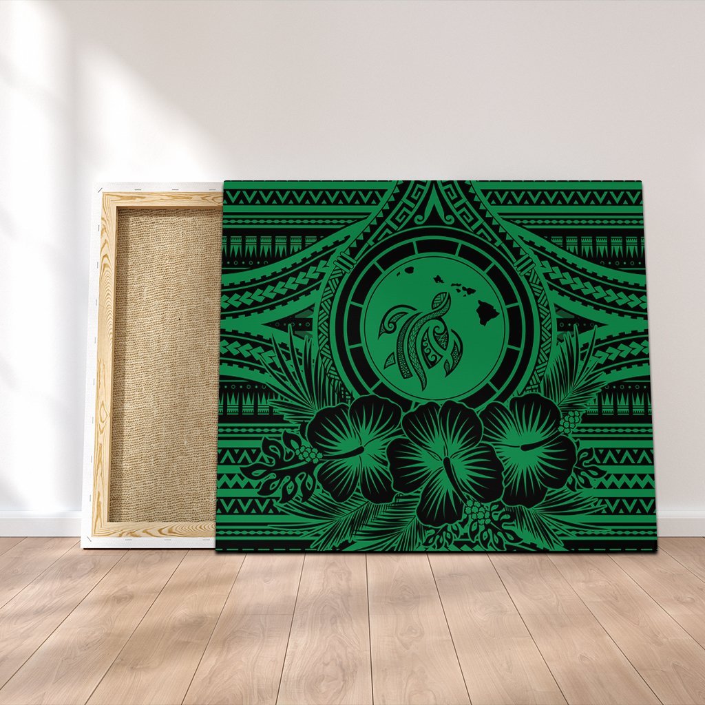 Hawaiian Map Honu Hibiscus Tropic Green Polynesian Canvas - AH Canvas Poly-cotton - Polynesian Pride