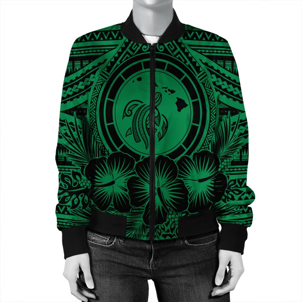 Hawaiian Map Honu Hibiscus Tropic Green Polynesian Bomber Jacket - AH - Polynesian Pride
