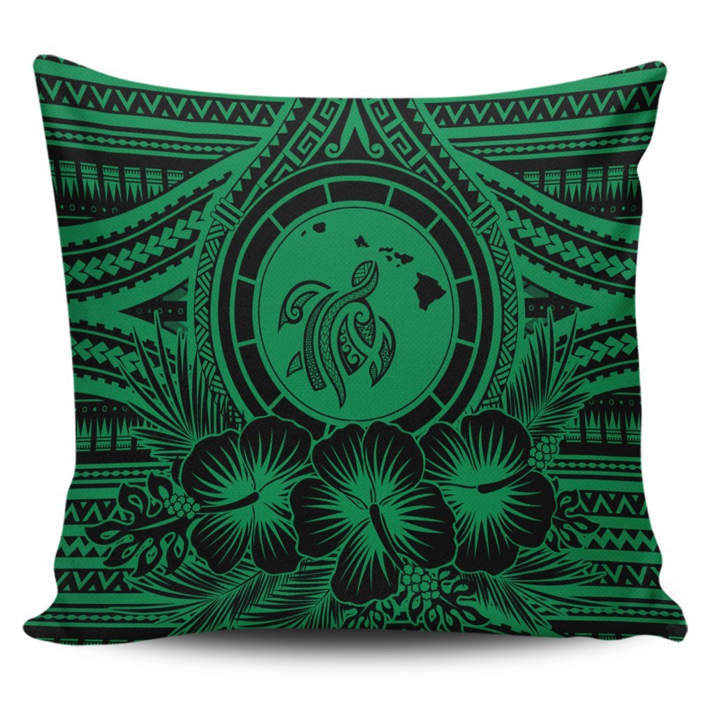 Hawaiian Map Honu Hibiscus Tropic Green Polynesian Pillow Covers - AH Pillow Covers Black - Polynesian Pride