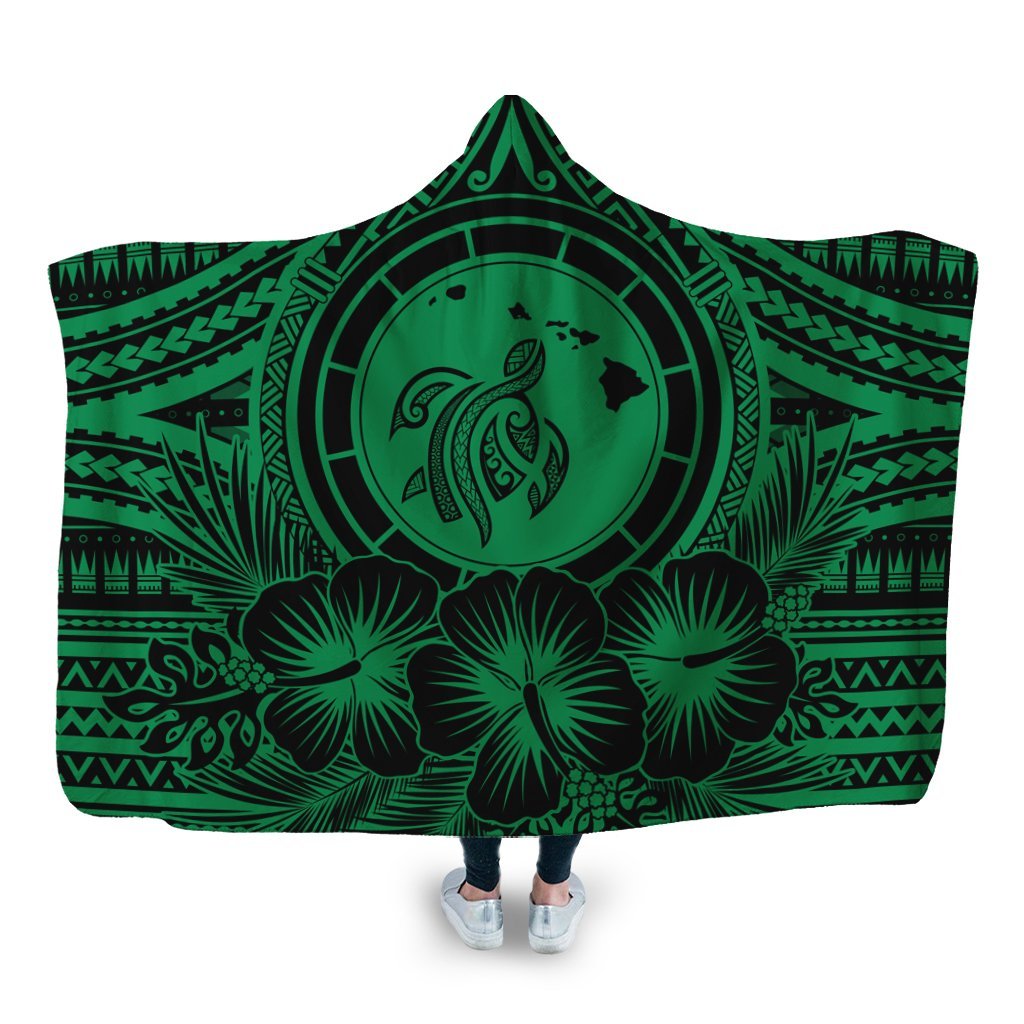 Hawaiian Map Honu Hibiscus Tropic Green Polynesian Hooded Blanket - AH Hooded Blanket White - Polynesian Pride