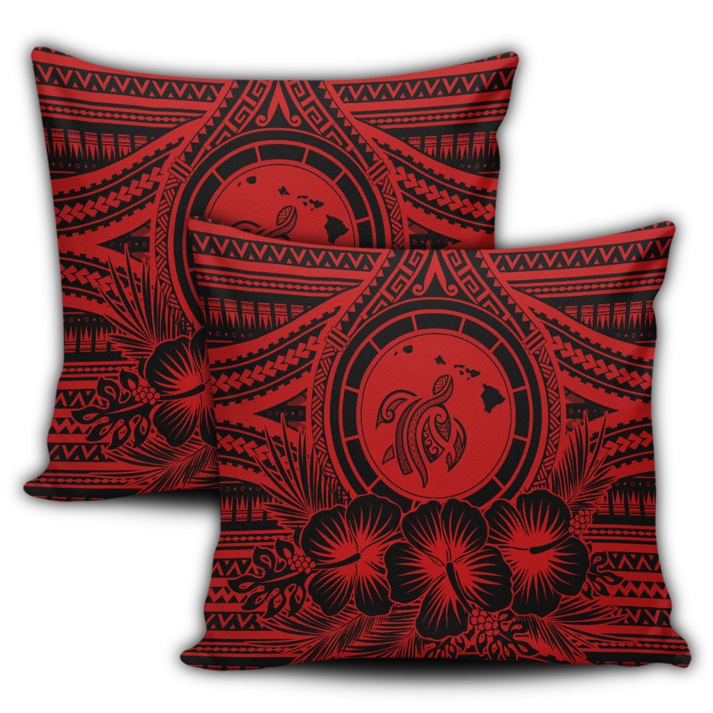 Hawaiian Map Honu Hibiscus Tropic Red Polynesian Pillow Covers - AH - Polynesian Pride