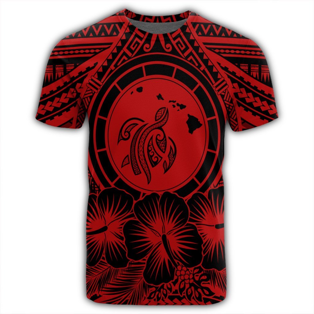 Hawaiian Map Honu Hibiscus Tropic Red Polynesian T Shirt - Polynesian Pride