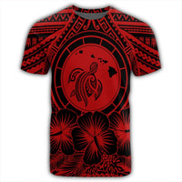 Hawaiian Map Honu Hibiscus Tropic Red Polynesian T Shirt - Polynesian Pride