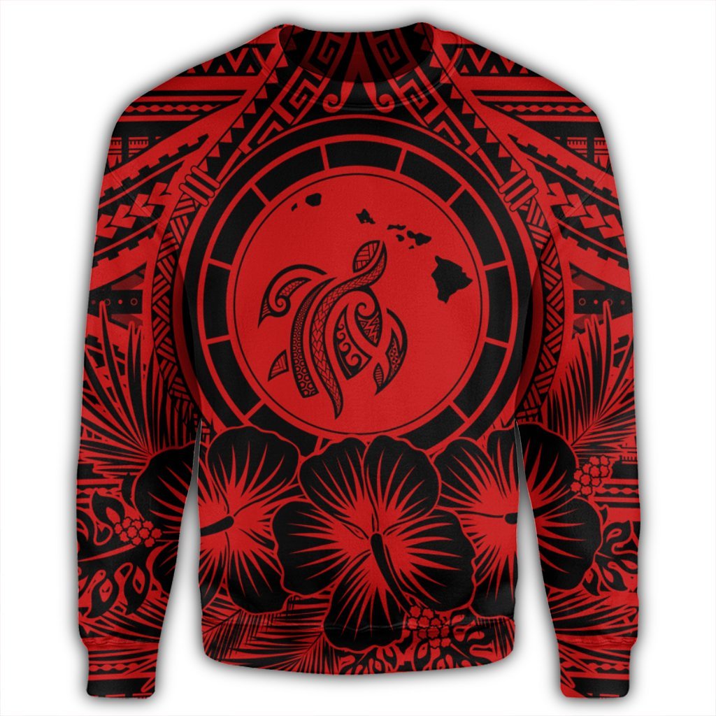 Hawaiian Map Honu Hibiscus Tropic Red Polynesian Sweatshirt - AH - Polynesian Pride