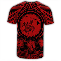 Hawaiian Map Honu Hibiscus Tropic Red Polynesian T Shirt - Polynesian Pride