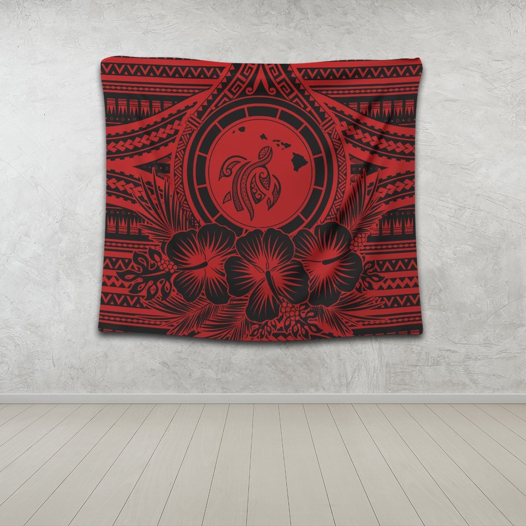 Hawaiian Map Honu Hibiscus Tropic Red Polynesian Tapestry - AH - Polynesian Pride